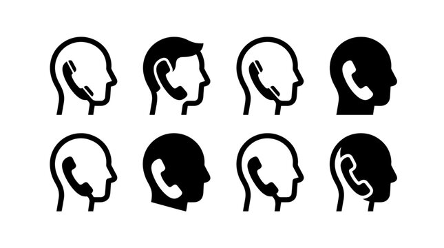 Set of Diverse Head Icons with Phone Receiver Illustrations in Black and White