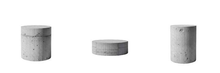 Set of three grey concrete cylinder pedestals isolated on white background, minimalist cement podium mockup for product presentation. © Soor