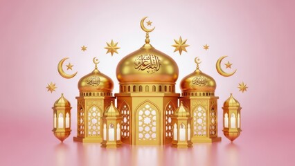 Obraz premium Golden mosque with islamic symbols isolated on transparent background