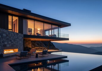 Fototapeta premium Modern luxury house with infinity pool overlooking a mountain range at sunset, featuring a lit fireplace and outdoor seating area