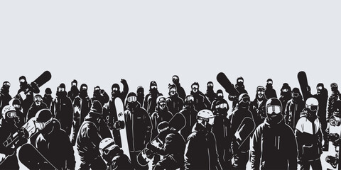 Naklejka premium A large group of snowboarders gathered together, silhouetted against a light background, ready for winter sports.