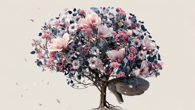Human brain shaped tree with flower bloom, self care and mental health concept, positive thinking and creative mind nature illustration
