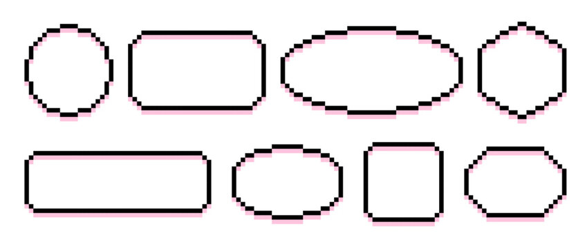 Black and pink pixel text boxes. Empty pixelated frame collection. Retro 8 bit border shape pack for speech chat bubble, message cloud, communication dialog, talk balloon. Vector illustration bundle