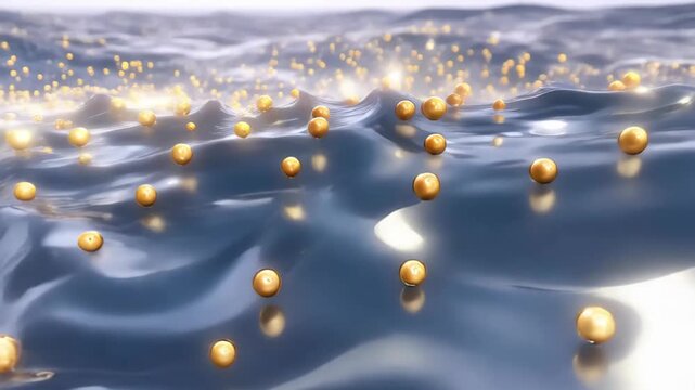 A background of moving 3D liquidity waves, flowing like liquid silver with golden data points floating on the surface.