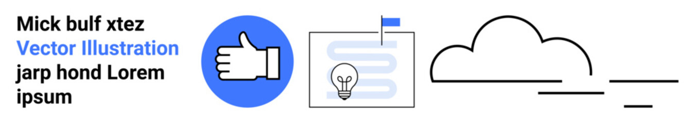Obraz premium Social media, creative processes, brainstorming, teamwork, communication, branding concepts. Thumbs-up icon, flowchart with lightbulb and minimalist cloud illustration. Social media and creative
