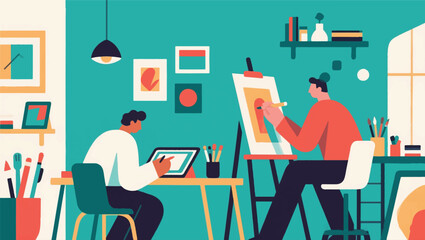 Fototapeta premium Illustration Of A Traditional Artist Working In A Modern Creative Studio With A Digital Tablet Vector Design Template