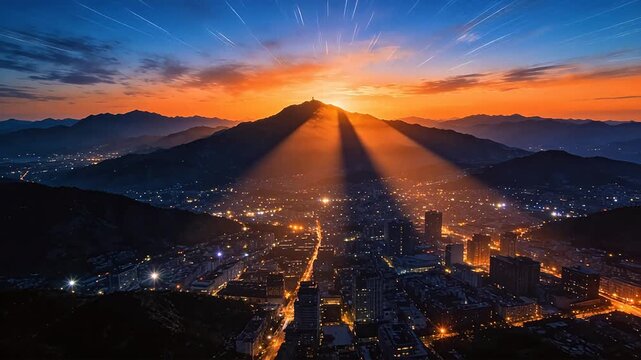 Mountain city at sunset with light beams over dense urban buildings