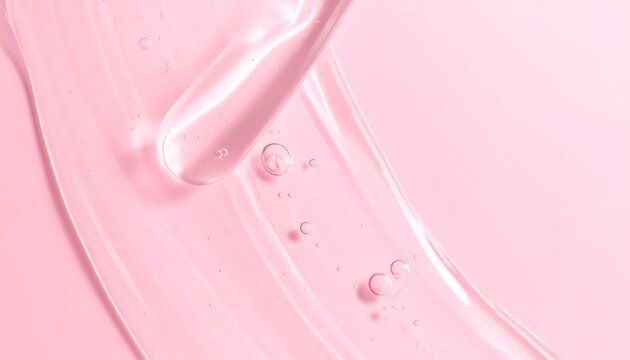 Clear liquid serum with tiny bubbles on a soft pink background