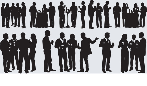Silhouettes of people at a formal event or party, some holding drinks and conversing.