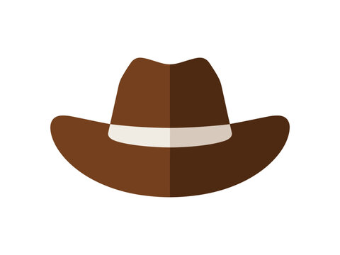 A brown cowboy hat with a white band sits isolated on a white background.