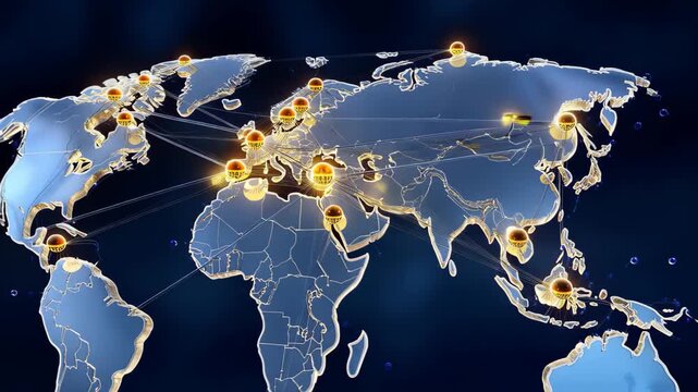 Abstract background of a 3D glass world map with glowing golden nodes connecting major financial hubs, data pulses moving in slow motion.