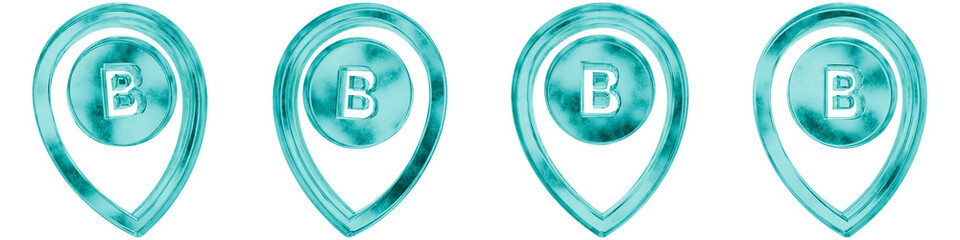 Set of four 3D location b shapes in frosted blue ice glass style, isolated on a transparent background. Glassmorphism icons and 3D elements for modern graphic design. © Thanh