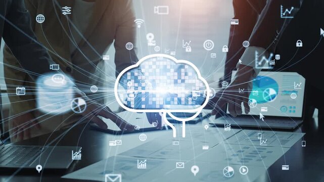 会議するビジネスパーソンのグループとAIネットワークのコンセプト