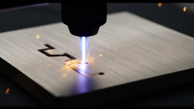 Close-up of a high-tech "Seed Phrase" being engraved onto a titanium plate by a laser beam, sparks flying.