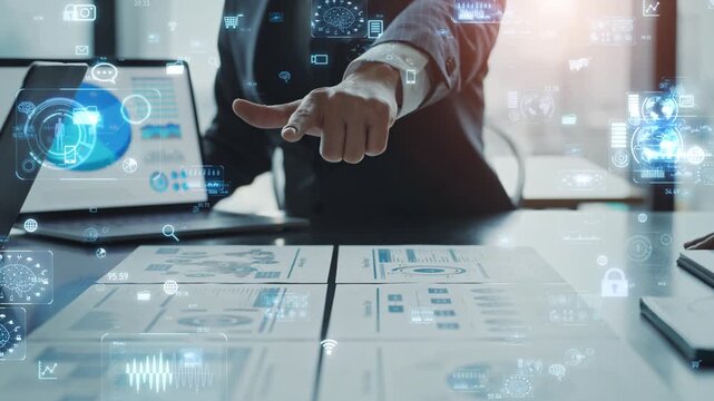 会議するビジネスパーソンのグループとデジタルテクノロジーのコンセプト