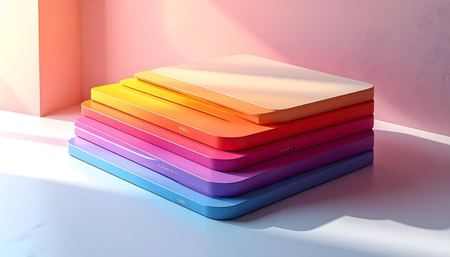 Illustration of stack of colorful foam sheets in pink, orange, purple, and blue hues on white surface in a room