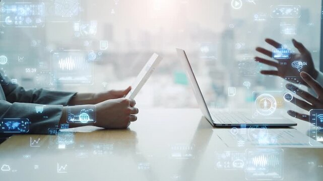 Group of business people meeting and digital technology concept