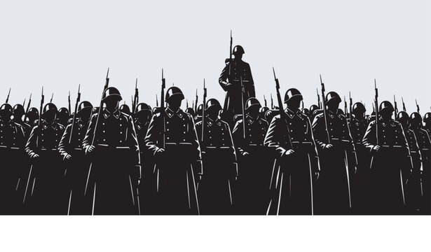 A large group of soldiers in uniform standing at attention with rifles, silhouetted against a bright sky.