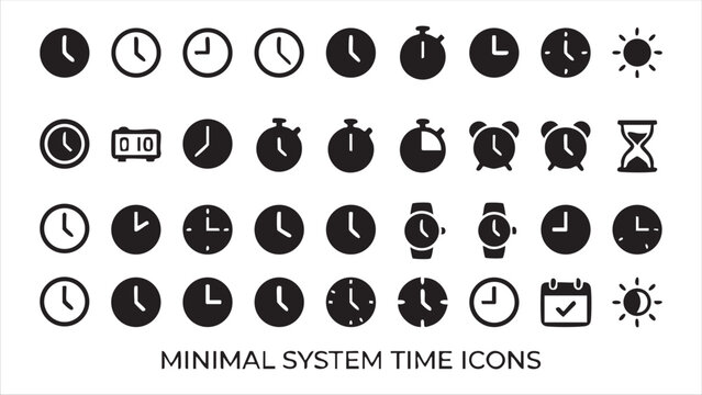 Minimal system time icons collection displaying various clocks stopwatch hourglass and calendar