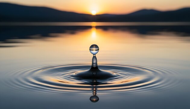 Serene water drop creates ripples on lake at sunset