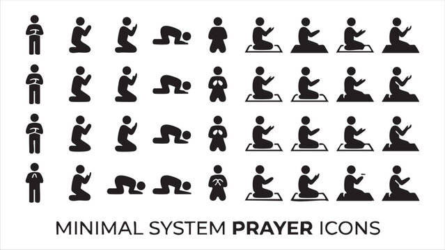 Minimal system prayer icons collection with various human figures in different prayer positions