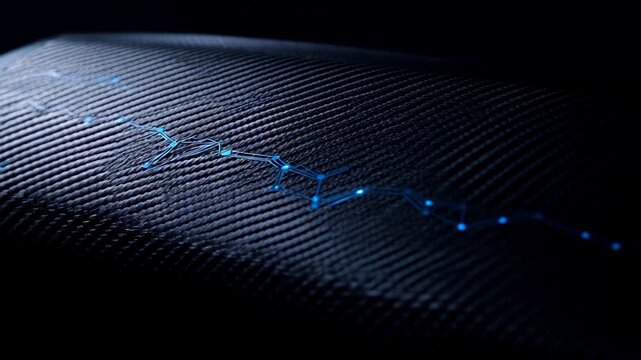 Cinematic shot of light sliding over a dark carbon fiber surface with laser-etched blockchain patterns.