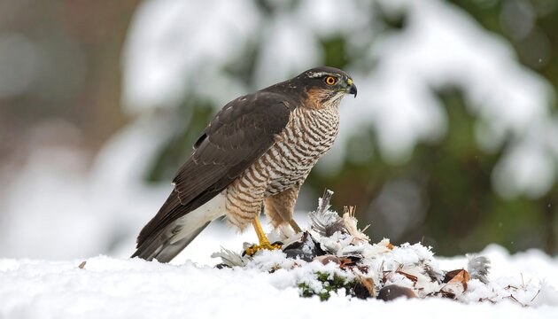 A bird of prey stands on snowy ground