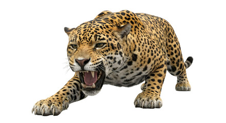 Obraz premium A majestic leopard crouching with intense eyes and spotted fur isolated on transparent background