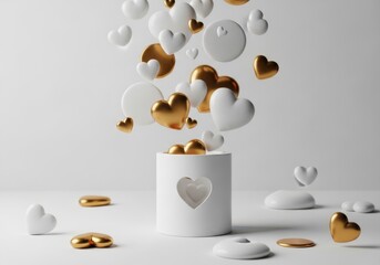 3d rendering of white and gold hearts emerging from a heartshaped box on a white surface with a plain white background