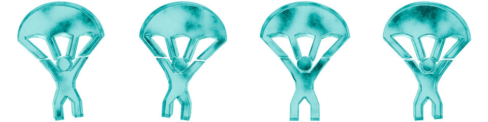 Set of four 3D paragliding shapes in frosted blue ice glass style, isolated on a transparent background. Glassmorphism icons and 3D elements for modern graphic design. © Thanh