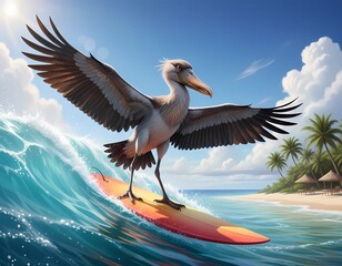 美しい南の海でサーフィンしているハシビロコウ