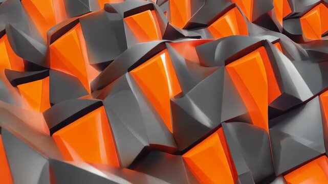 Abstract background of moving 3D geometric waves in "Bitcoin Orange" and "Graphite Grey", sleek and professional.