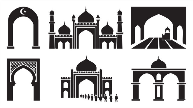 Islamic architecture and mosque entrance icons set featuring traditional arches and minarets