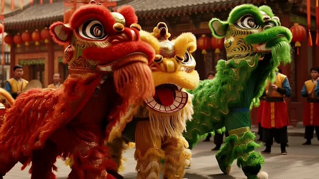 Vibrant Lion Dance Troup In Traditional Chinese Setting With Red Lanterns And Intricate Building Facades
