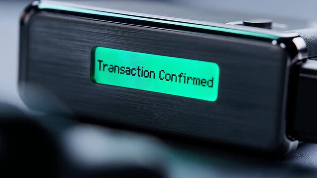 Macro shot of a sleek metallic hardware wallet with a glowing OLED screen, showing a "Transaction Confirmed" message.