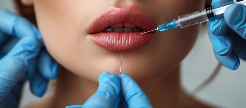 A person receiving an aesthetic lip filler treatment with a syringe and needle