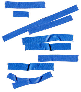 assorted blue adhesive tape pieces scattered and overlapping on a transparent background, ideal for creative design and overlay effects in digital art.