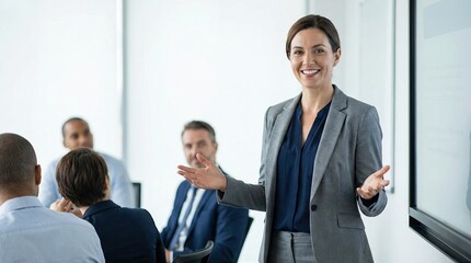 Sales employee gives presentation to team in office setting during daytime to discuss sales strategies and goals