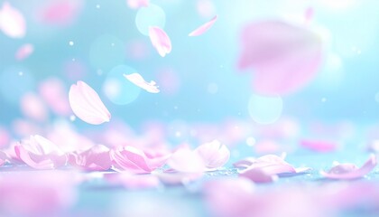 桜吹雪、青色背景に桜の花びらが舞うクローズアップ