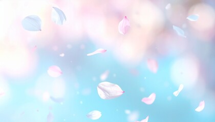 桜吹雪、青色背景に桜の花びらが舞うクローズアップ