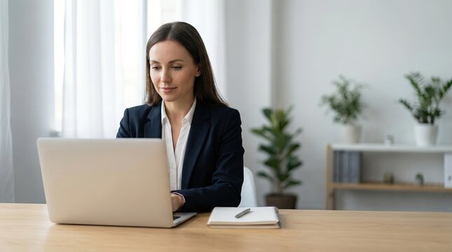 Woman candidate working on laptop in an office setting with plants during the day while preparing for a job interview or presentation