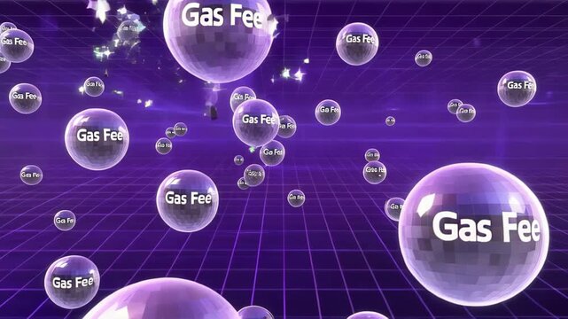 A background of moving 3D "Gas Fee" bubbles floating and popping in a purple digital sky, whimsical but techy.