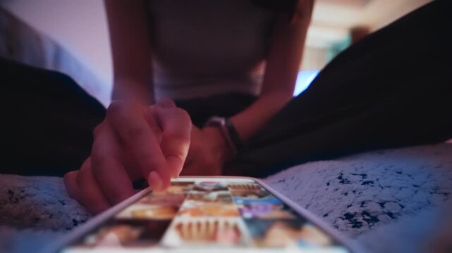 Unrecognizable Person Touching Digital Display and Browsing Internet Feed in Dark Bedroom. Bright Screen Light Illuminates Female Hand Holding Gadget. Concept of Technology Addiction and Insomnia 4k
