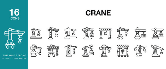 Crane icon set. Includes crane, construction, lifting, hoist, machinery, equipment and More. Editable Stroke Icon Collection. © SpaceFabric