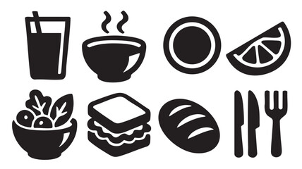 Group of black icons representing food, cutlery, and a plate sandwich salad
