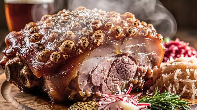 Crispy Roasted Pork Knuckle with Crackling, Sauerkraut, and Red Cabbage