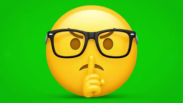 A serious, yellow 3d emoji wearing nerd glasses is shushing in a close-up shot against a vibrant green screen.