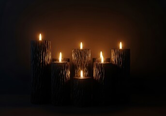 A serene arrangement of lit candles in a dark room with soft warm lighting ambiance