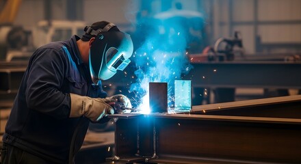 Skilled welder working on metal with bright blue sparks in an industrial factory. Professional worker fabricating steel with protective gear.