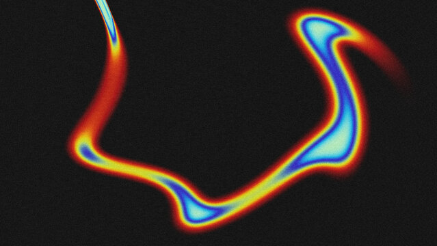 An abstract digital artwork featuring a fluid, curving thermal gradient flow in vibrant blue, yellow, and red hues against a dark, grainy noise background. 